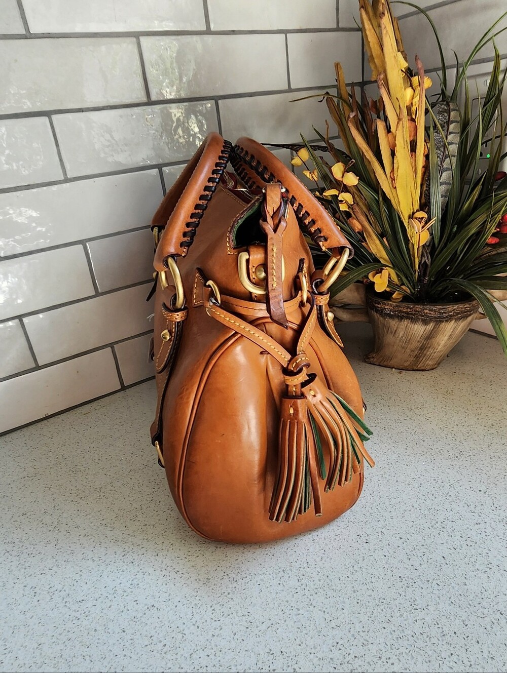 Dooney & Bourke Brown Leather Satchel with Tassel Accents - Picture 2 of 6